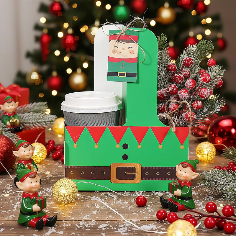 ForraFun 24 Sets Christmas Drink Carrier with Handle Disposable Kraft Paperboard Coffee Cup Holder with Tags Portable Foldable Tray to Go Cup Holder for Xmas Holiday Party Favor(Christmas Elves) - Image 4